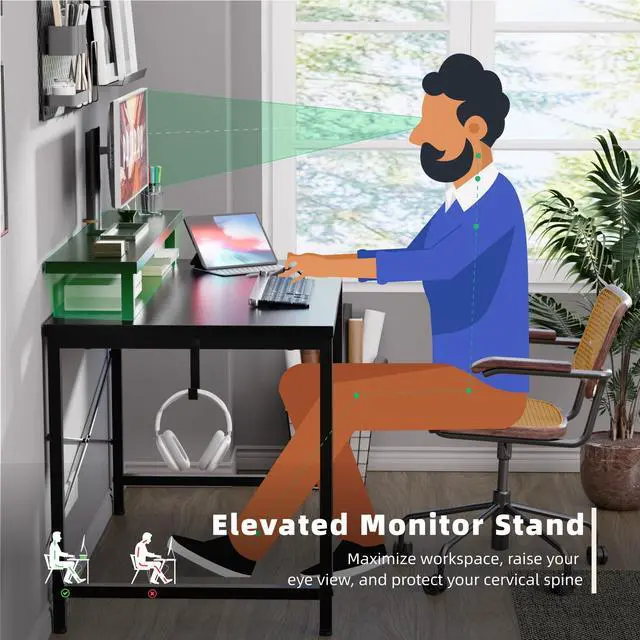 Alt view image 3 of 5 - 32 Inch Small Computer Desk with Monitor Stand, Simple Office Desk with Headphone Hook for Small Spaces, Kids Study Writing Table for Bedroom, Pink