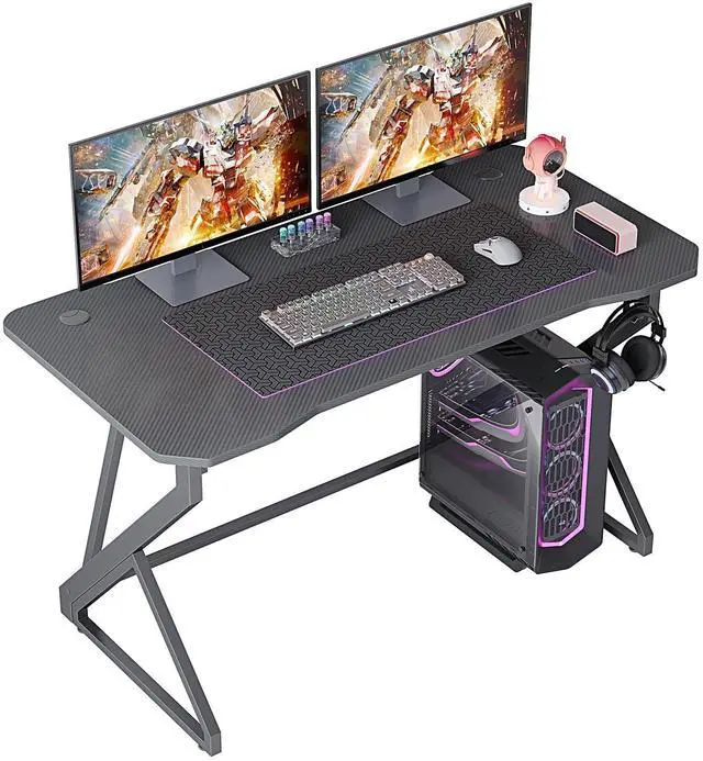 Main image of Gaming Desk Z Shaped 47 Inch Gamer Workstation, Home Computer Carbon Fiber Surface Gaming Desk PC Table with Headphone Hook, Carbon Fiber Grey