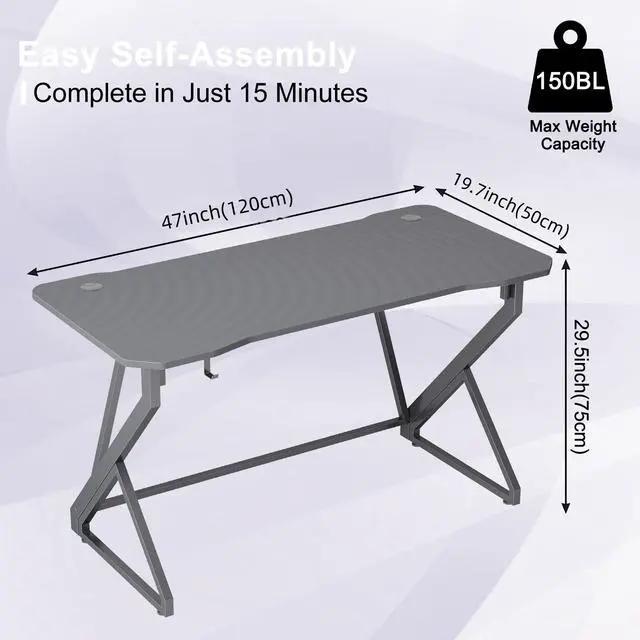 Alt view image 3 of 7 - Gaming Desk Z Shaped 47 Inch Gamer Workstation, Home Computer Carbon Fiber Surface Gaming Desk PC Table with Headphone Hook, Carbon Fiber Grey