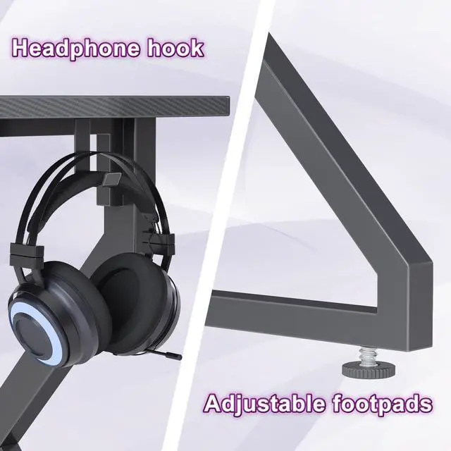 Alt view image 5 of 7 - Gaming Desk Z Shaped 47 Inch Gamer Workstation, Home Computer Carbon Fiber Surface Gaming Desk PC Table with Headphone Hook, Carbon Fiber Grey