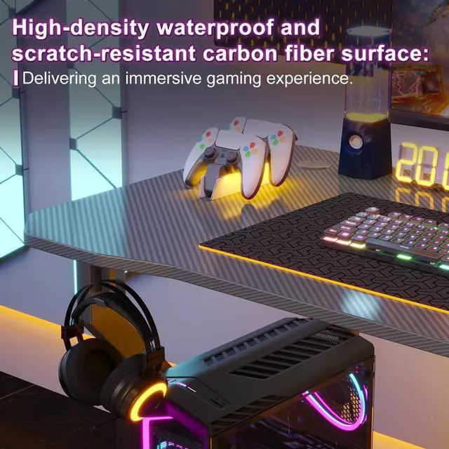 Alt view image 6 of 7 - Gaming Desk Z Shaped 47 Inch Gamer Workstation, Home Computer Carbon Fiber Surface Gaming Desk PC Table with Headphone Hook, Carbon Fiber Grey