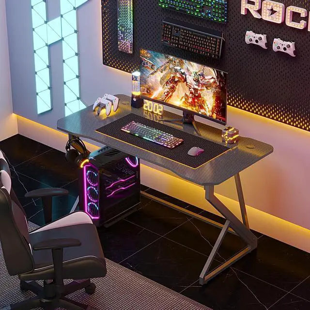 Alt view image 2 of 7 - Gaming Desk Z Shaped 47 Inch Gamer Workstation, Home Computer Carbon Fiber Surface Gaming Desk PC Table with Headphone Hook, Carbon Fiber Grey