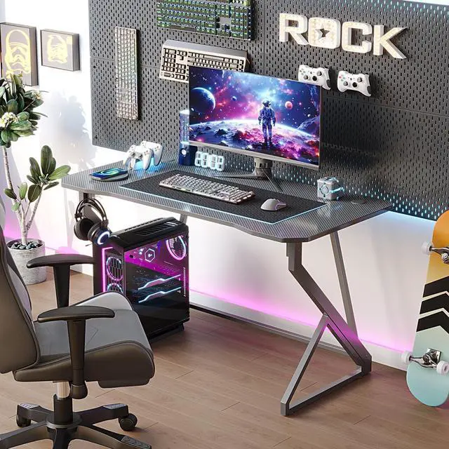 Alt view image 4 of 7 - Gaming Desk Z Shaped 47 Inch Gamer Workstation, Home Computer Carbon Fiber Surface Gaming Desk PC Table with Headphone Hook, Carbon Fiber Grey