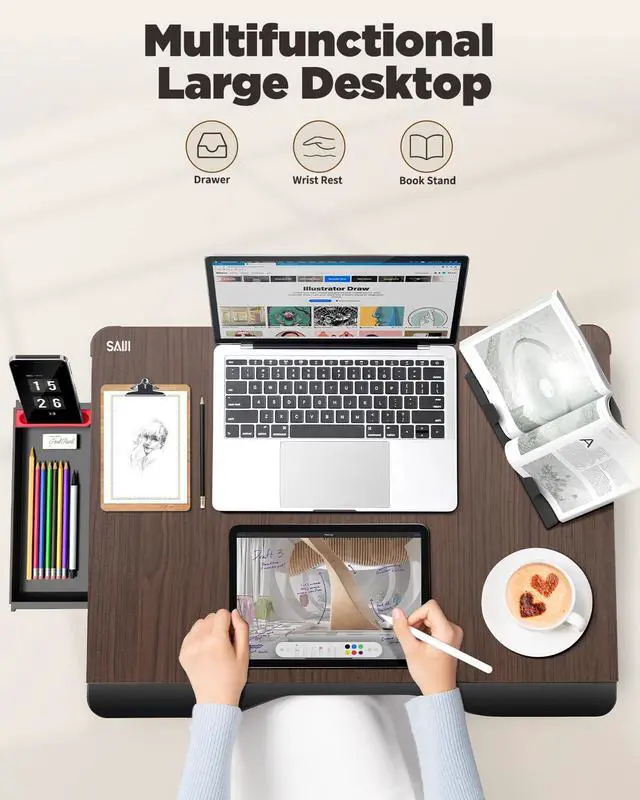 Alt view image 2 of 7 - Laptop Desk for Bed, XX-Large Foldable Bed Tray Table for Eating Breakfast, Writing, Working, Gaming, Drawing with Storage Drawer, Handrest Bookstand, Tablet Stand, Phone Stand(Black Cherry)