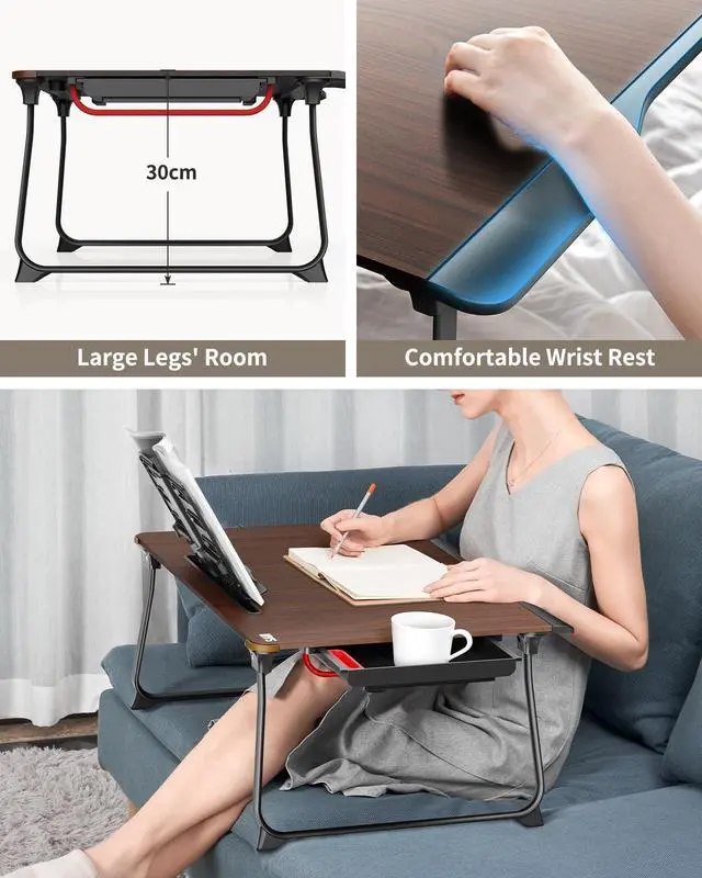 Alt view image 5 of 7 - Laptop Desk for Bed, XX-Large Foldable Bed Tray Table for Eating Breakfast, Writing, Working, Gaming, Drawing with Storage Drawer, Handrest Bookstand, Tablet Stand, Phone Stand(Black Cherry)