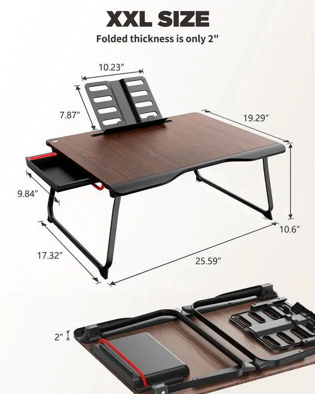 Alt view image 7 of 7 - Laptop Desk for Bed, XX-Large Foldable Bed Tray Table for Eating Breakfast, Writing, Working, Gaming, Drawing with Storage Drawer, Handrest Bookstand, Tablet Stand, Phone Stand(Black Cherry)