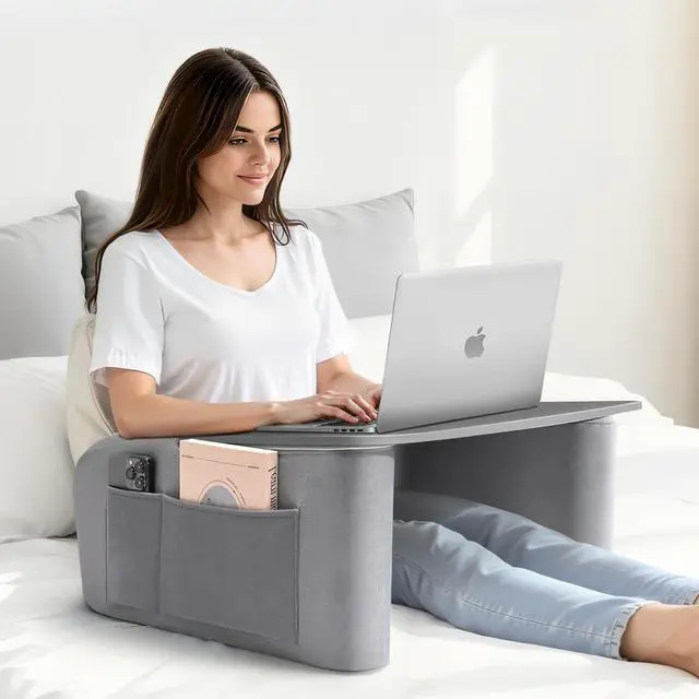 Main image of Reading Pillow for Gaming with Ergonomic Arm Rests, Wooden Lap Desk for Laptop, Support Pillow with Side Pockets for Reading, Writing, Working, Gaming on Bed, Couch or Floor (Gray, Large)
