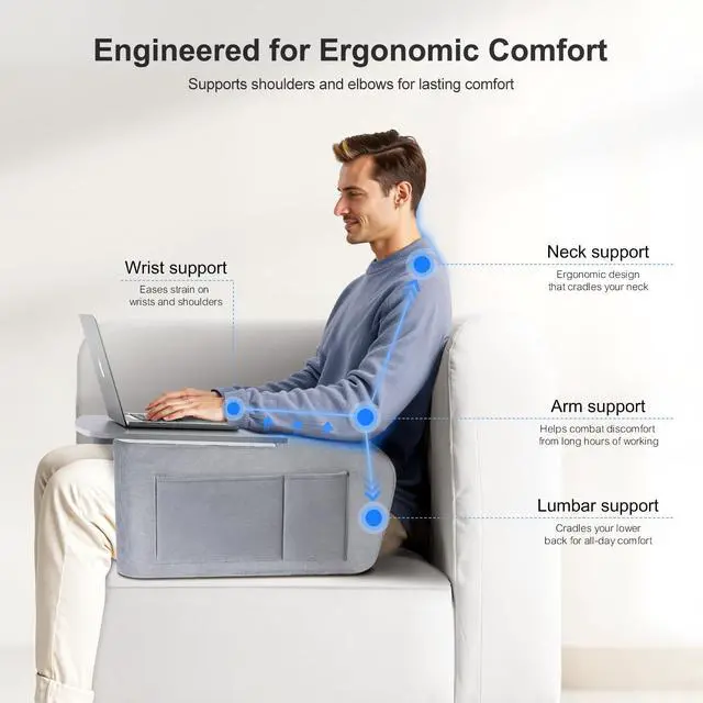 Alt view image 3 of 7 - Reading Pillow for Gaming with Ergonomic Arm Rests, Wooden Lap Desk for Laptop, Support Pillow with Side Pockets for Reading, Writing, Working, Gaming on Bed, Couch or Floor (Gray, Large)