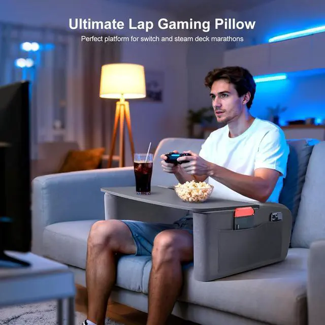 Alt view image 6 of 7 - Reading Pillow for Gaming with Ergonomic Arm Rests, Wooden Lap Desk for Laptop, Support Pillow with Side Pockets for Reading, Writing, Working, Gaming on Bed, Couch or Floor (Gray, Large)