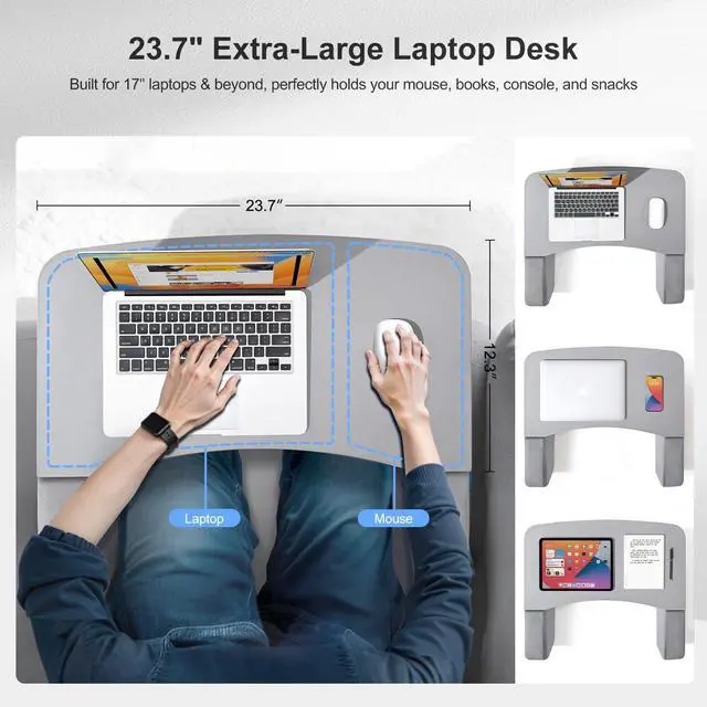 Alt view image 4 of 7 - Reading Pillow for Gaming with Ergonomic Arm Rests, Wooden Lap Desk for Laptop, Support Pillow with Side Pockets for Reading, Writing, Working, Gaming on Bed, Couch or Floor (Gray, Large)