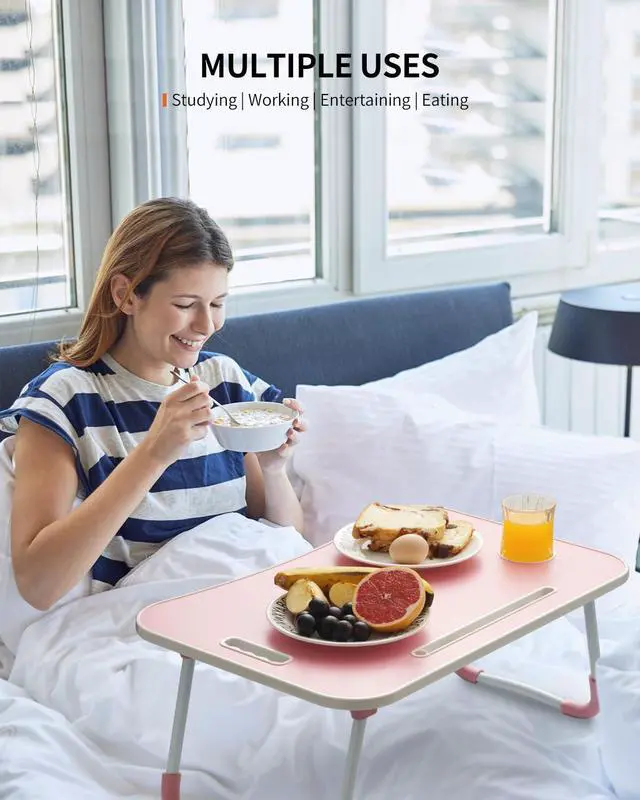 Alt view image 2 of 6 - Foldable Laptop Table, Portable Lap Desk Bed Table Tray, Laptop Stand with Cup Holder & Tablet Slot & Lifting Handle for Working Writing Drawing & Eating (Pink)