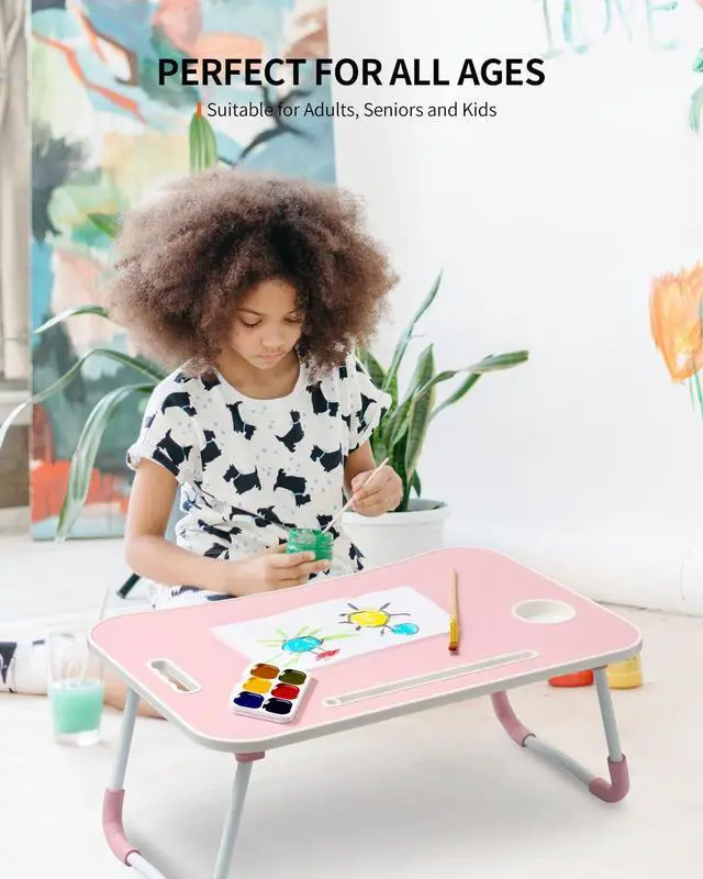 Alt view image 3 of 6 - Foldable Laptop Table, Portable Lap Desk Bed Table Tray, Laptop Stand with Cup Holder & Tablet Slot & Lifting Handle for Working Writing Drawing & Eating (Pink)