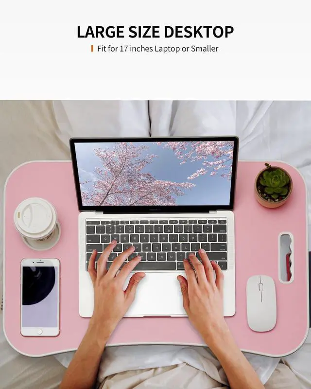 Alt view image 4 of 6 - Foldable Laptop Table, Portable Lap Desk Bed Table Tray, Laptop Stand with Cup Holder & Tablet Slot & Lifting Handle for Working Writing Drawing & Eating (Pink)