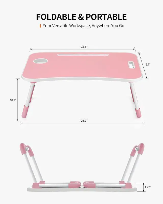 Alt view image 6 of 6 - Foldable Laptop Table, Portable Lap Desk Bed Table Tray, Laptop Stand with Cup Holder & Tablet Slot & Lifting Handle for Working Writing Drawing & Eating (Pink)