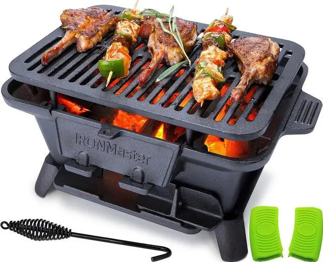 Main image of Hibachi Grill Outdoor, Small Portable Charcoal Grill, Pre-Seasoned Cast Iron, Japanese Yakitori Camping Grill - 2 Heights, Air Control, Coal Door, Ideal for 2 People