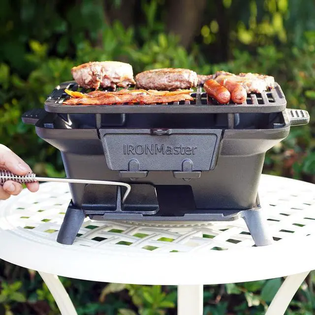 Alt view image 3 of 5 - Hibachi Grill Outdoor, Small Portable Charcoal Grill, Pre-Seasoned Cast Iron, Japanese Yakitori Camping Grill - 2 Heights, Air Control, Coal Door, Ideal for 2 People