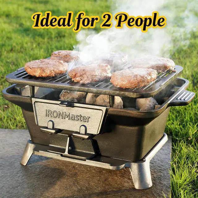 Alt view image 2 of 5 - Hibachi Grill Outdoor, Small Portable Charcoal Grill, Pre-Seasoned Cast Iron, Japanese Yakitori Camping Grill - 2 Heights, Air Control, Coal Door, Ideal for 2 People