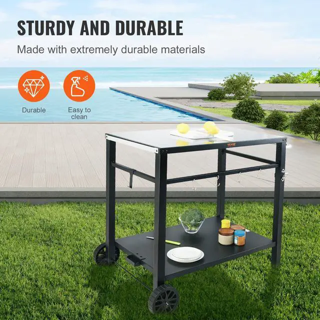 Alt view image 2 of 7 - Outdoor Grill Cart with Double-Shelf, BBQ Movable Food Prep Table with PVC Placemat, Black Iron Table Top, Portable Modular Carts for Pizza Oven, Worktable with 2 Wheels, Carry Handle