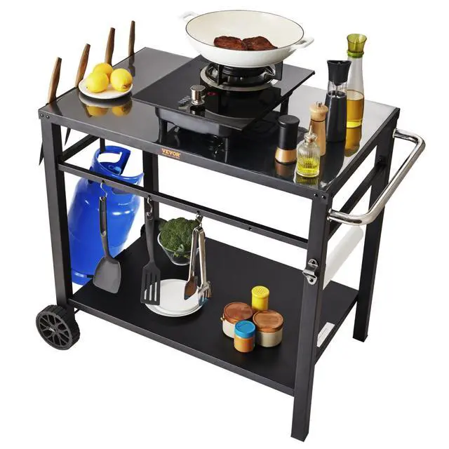 Main image of Outdoor Grill Cart with Double-Shelf, BBQ Movable Food Prep Table with PVC Placemat, Black Iron Table Top, Portable Modular Carts for Pizza Oven, Worktable with 2 Wheels, Carry Handle