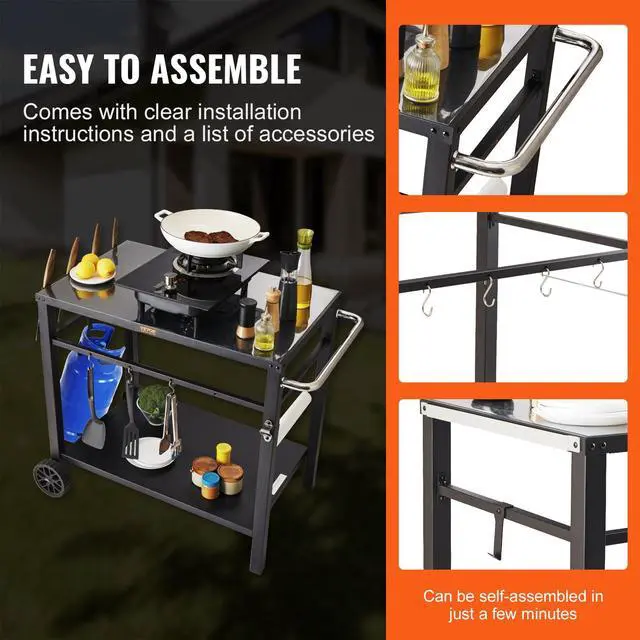 Alt view image 5 of 7 - Outdoor Grill Cart with Double-Shelf, BBQ Movable Food Prep Table with PVC Placemat, Black Iron Table Top, Portable Modular Carts for Pizza Oven, Worktable with 2 Wheels, Carry Handle