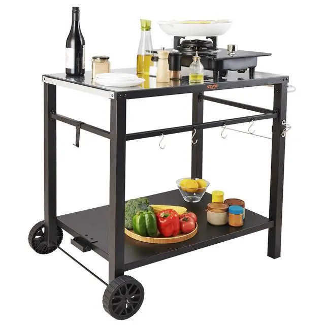 Alt view image 7 of 7 - Outdoor Grill Cart with Double-Shelf, BBQ Movable Food Prep Table with PVC Placemat, Black Iron Table Top, Portable Modular Carts for Pizza Oven, Worktable with 2 Wheels, Carry Handle