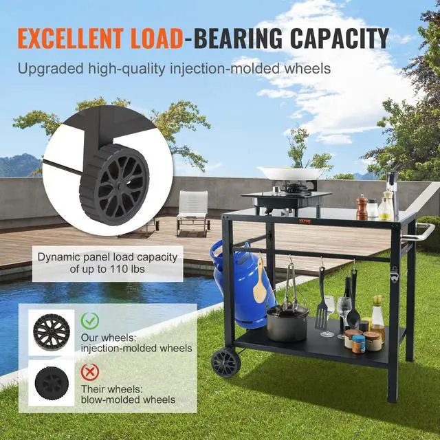 Alt view image 4 of 7 - Outdoor Grill Cart with Double-Shelf, BBQ Movable Food Prep Table with PVC Placemat, Black Iron Table Top, Portable Modular Carts for Pizza Oven, Worktable with 2 Wheels, Carry Handle