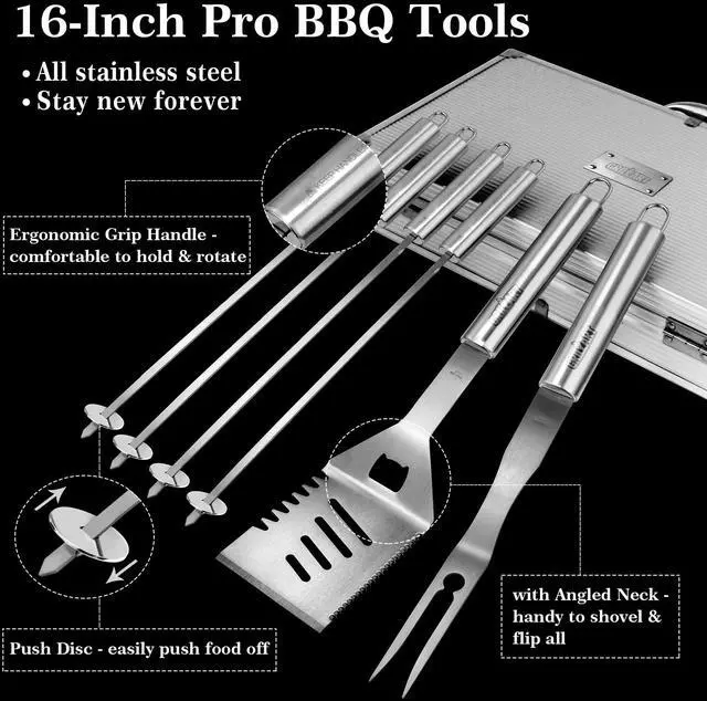 Alt view image 2 of 6 - BBQ Grill Utensil Tools Set Reinforced BBQ Tongs 19-Piece Stainless-Steel Barbecue Grilling Accessories w/Aluminum Storage Case -Complete Outdoor Grill Kit for Dad, Birthday Gift for Man Dad