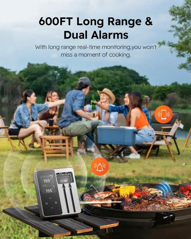 Alt view image 4 of 7 - Wireless Meat Thermometer with App Control, 600FT Bluetooth Range, Dual Probes & 6 Sensors, 0.5S Instant Read, LCD Display, IP67 Waterproof Real-Time Monitoring & Smart Alerts for BBQ, Grill, Oven