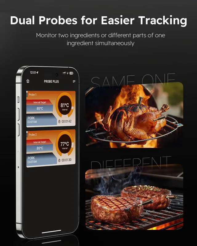 Alt view image 5 of 7 - Wireless Meat Thermometer with App Control, 600FT Bluetooth Range, Dual Probes & 6 Sensors, 0.5S Instant Read, LCD Display, IP67 Waterproof Real-Time Monitoring & Smart Alerts for BBQ, Grill, Oven