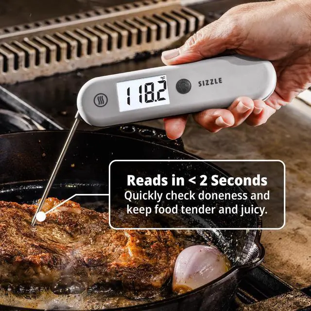 Alt view image 4 of 5 - Sizzle Digital Meat Thermometer Instant Read in 2 Seconds, Waterproof, Folding Probe with Magnetic Back, Auto-Rotating Backlit Display, for Cooking Food, Grill & BBQ - Dove Grey