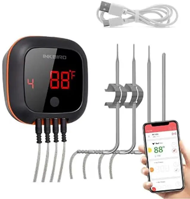 Main image of Bluetooth Digital Wireless Meat Thermometer with 4 Probes Timer, Alarm,150 ft Barbecue Cooking Kitchen Food Meat Thermometer for Grill BBQ Smoker, Oven, Drum