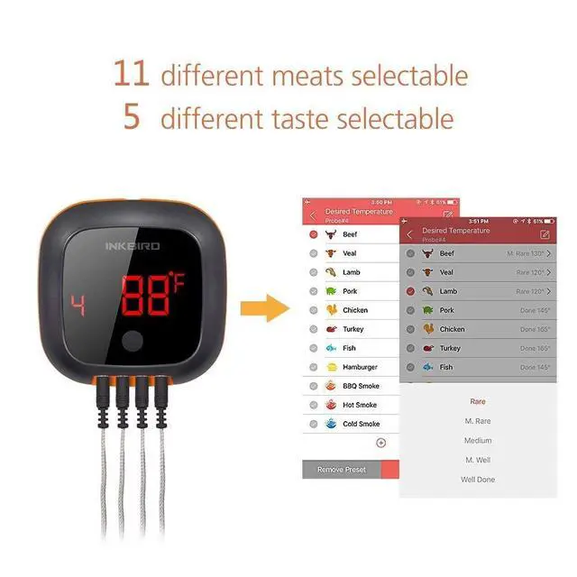 Alt view image 3 of 6 - Bluetooth Digital Wireless Meat Thermometer with 4 Probes Timer, Alarm,150 ft Barbecue Cooking Kitchen Food Meat Thermometer for Grill BBQ Smoker, Oven, Drum