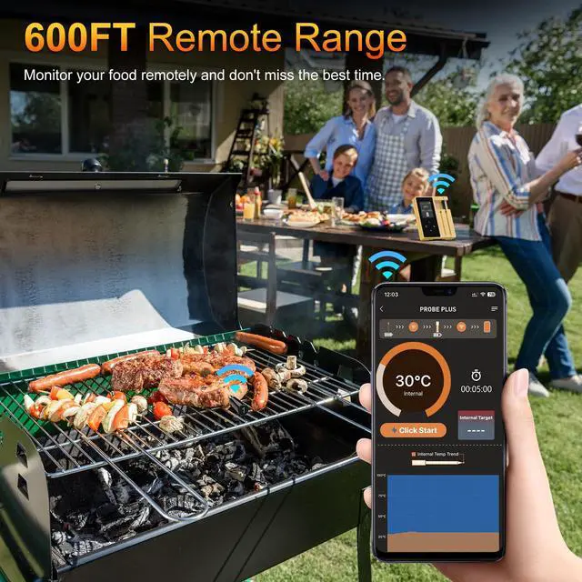 Alt view image 3 of 7 - Wireless Meat Thermometer with 2 Ultra-Thin Probes, Bluetooth Digital Food Thermometer 600FT Remote Range, Standalone Smart Base for Grill Smoker Roast Oven, Cooking