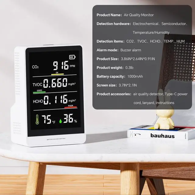 Alt view image 6 of 7 - 5-in-1 Professional Indoor Air Quality Monitor Indoor Portable CO2 Monitor | Temperature | Formaldehyde Detector | Humidity TVOC | Air Quality Tester - Confined Space Clean Air Monitor (White)