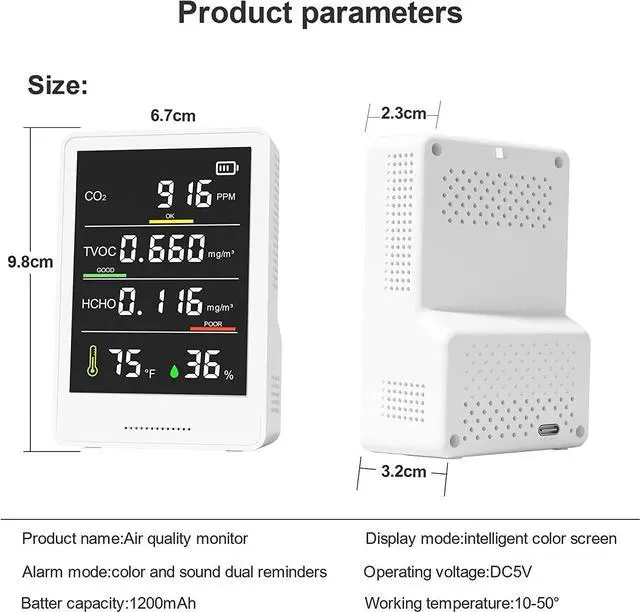 Alt view image 7 of 7 - 5-in-1 Professional Indoor Air Quality Monitor Indoor Portable CO2 Monitor | Temperature | Formaldehyde Detector | Humidity TVOC | Air Quality Tester - Confined Space Clean Air Monitor (White)