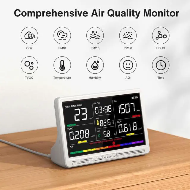 Alt view image 2 of 7 - 16 in 1 Air Quality Monitor Indoor 7" Display 9 AQI+7 AQI Alerts, CO2 Monitor Air Quality Tester for CO2, TVOC, PM2.5 PM1.0 PM10, HCHO Temperature Humidity AQI & Time Air Quality Meter for Home
