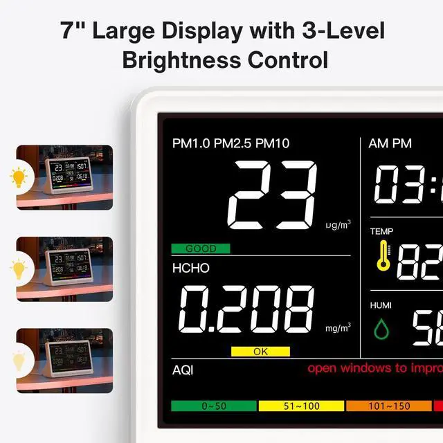 Alt view image 7 of 7 - 16 in 1 Air Quality Monitor Indoor 7" Display 9 AQI+7 AQI Alerts, CO2 Monitor Air Quality Tester for CO2, TVOC, PM2.5 PM1.0 PM10, HCHO Temperature Humidity AQI & Time Air Quality Meter for Home