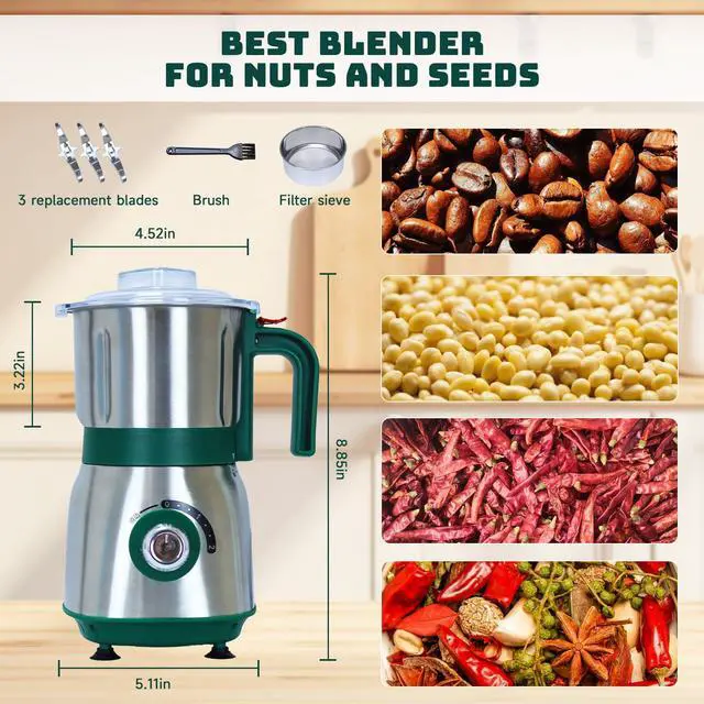 Alt view image 3 of 7 - Electric Spice and Nut Grinders - 3 Stainless Steel Blades, 1 Filter, 1 Brush - 500W Grinder for Kitchen, Dry Use (Green)