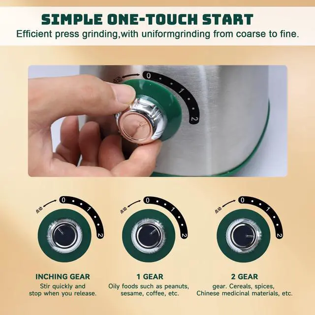 Alt view image 4 of 7 - Electric Spice and Nut Grinders - 3 Stainless Steel Blades, 1 Filter, 1 Brush - 500W Grinder for Kitchen, Dry Use (Green)