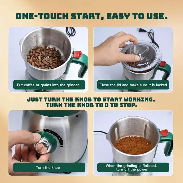 Alt view image 6 of 7 - Electric Spice and Nut Grinders - 3 Stainless Steel Blades, 1 Filter, 1 Brush - 500W Grinder for Kitchen, Dry Use (Green)