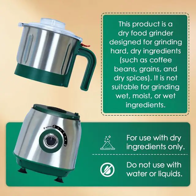 Alt view image 7 of 7 - Electric Spice and Nut Grinders - 3 Stainless Steel Blades, 1 Filter, 1 Brush - 500W Grinder for Kitchen, Dry Use (Green)