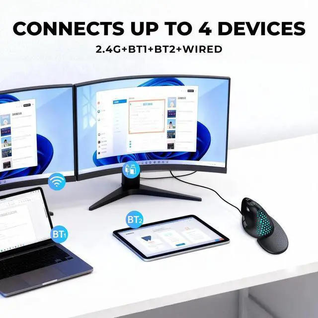 Alt view image 7 of 7 - Seeker Ergonomic Mouse Wireless, Vertical Mouse with OLED Screen, 6 Buttons&Thumb Wheel Function, Silent Click, Up to 7200DPI, Programmable, Rechargeable, BT/2.4G/Wired, RGB Light(M618XSD-Black)