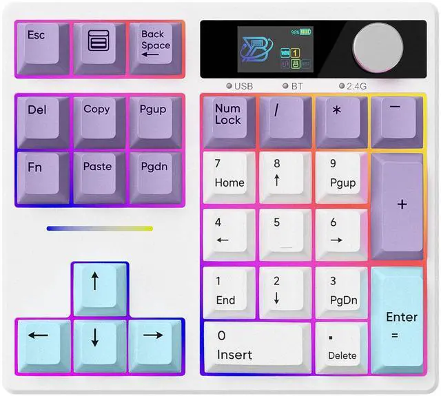 Alt view image 6 of 6 - TD31Pro Mechanical Number Pad,Bluetooth5.0/2.4G/Type-C Wireless Numeric Keypad,RGB HotSwap Numpad with Screen&Knob,PBT Keycap Rechargeable Gasket Number keypad for PC Laptop Desktop(White-Purple)
