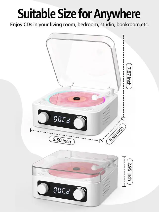Alt view image 4 of 7 - CD Player with Built-in Speakers Portable Bluetooth Input&Output Desktop CD Players for Home with Screen Display, Ambient Lighting, FM Radio, White Noise Mode, Remote Control, USB Type-c, White