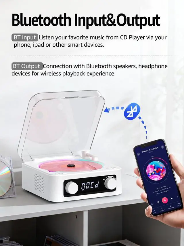 Alt view image 3 of 7 - CD Player with Built-in Speakers Portable Bluetooth Input&Output Desktop CD Players for Home with Screen Display, Ambient Lighting, FM Radio, White Noise Mode, Remote Control, USB Type-c, White
