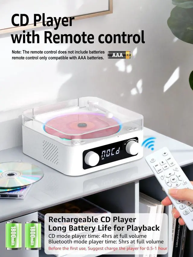 Alt view image 5 of 7 - CD Player with Built-in Speakers Portable Bluetooth Input&Output Desktop CD Players for Home with Screen Display, Ambient Lighting, FM Radio, White Noise Mode, Remote Control, USB Type-c, White