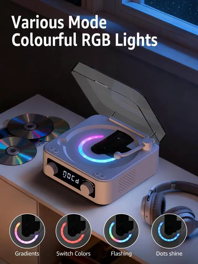 Alt view image 6 of 7 - CD Player with Built-in Speakers Portable Bluetooth Input&Output Desktop CD Players for Home with Screen Display, Ambient Lighting, FM Radio, White Noise Mode, Remote Control, USB Type-c, White