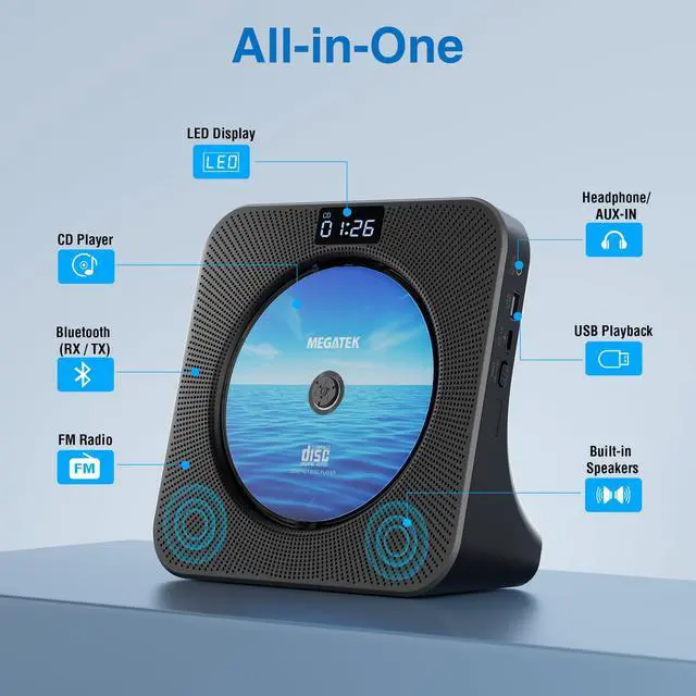 Alt view image 2 of 7 - Portable CD Player Bluetooth for Home, Desktop CD Player with Stereo Speakers, FM Radio, USB, LED Display, AUX/Headphone Jack, Remote Black