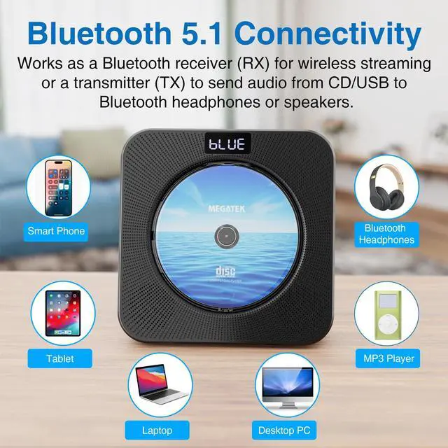 Alt view image 5 of 7 - Portable CD Player Bluetooth for Home, Desktop CD Player with Stereo Speakers, FM Radio, USB, LED Display, AUX/Headphone Jack, Remote Black