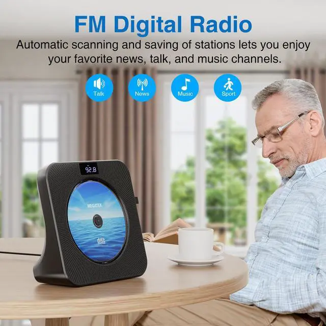 Alt view image 6 of 7 - Portable CD Player Bluetooth for Home, Desktop CD Player with Stereo Speakers, FM Radio, USB, LED Display, AUX/Headphone Jack, Remote Black